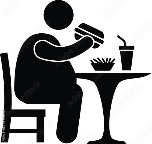 Pictogram of an overweight person sitting at a table eating a burger with fries and a soda