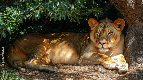 Wallpaper Mural A lioness resting under a tree with green leaves. Torontodigital.ca