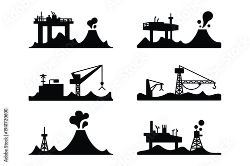 Industrial oil rigs and platforms silhouette vector