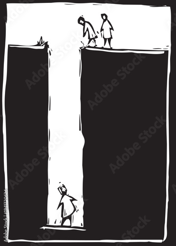 Woodcut style image of a man at the bottom of hole or well with people up a above the surface.