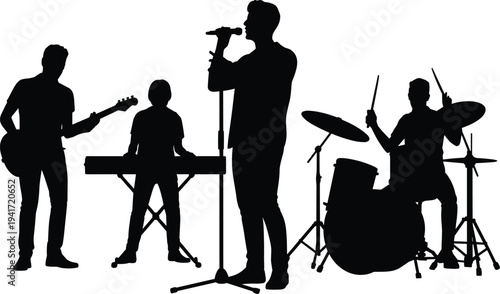 Music band silhouettes performing on stage, singer guitarist keyboard player drummer concert performance illustration isolated on white background