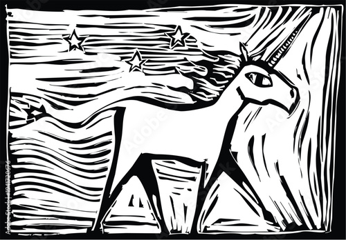 Woodcut style image of unicorn with starts