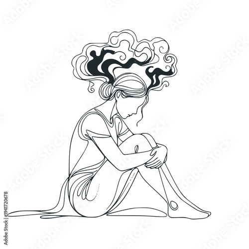 Line art showing a seated woman in a contemplative pose with swirling hair on a white background, expressing a concept of emotion and solitude. Mental health concept