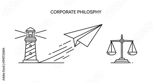 Corporate Philosophy Icons - Lighthouse, Paper Plane, and Scales of Justice.