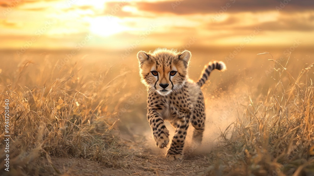 custom made wallpaper toronto digitalA cheetah cub running through a grassy field at sunset.