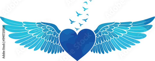 Blue winged heart with world map texture and flying birds silhouettes isolated on white background for global peace, love, and freedom concept.