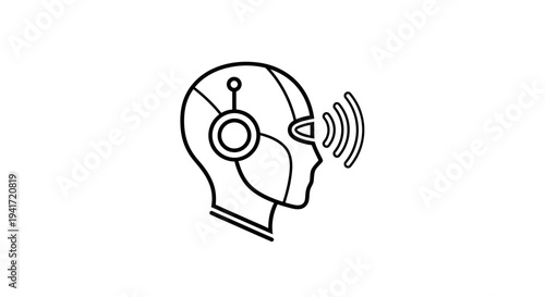 Human head with futuristic device emitting sound waves.