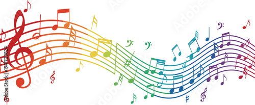 Colorful rainbow musical notes on wave staff illustration, abstract music pentagram vector art, vibrant melody background design, creative song rhythm sound concept.