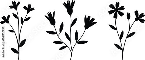 Set of three black minimalist wildflower silhouettes with delicate leaves and blooming petals isolated on white background for botanical design.