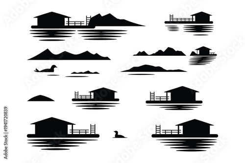 House on water with mountains and duck silhouette vector