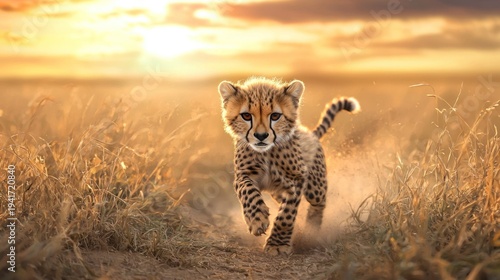 Wallpaper Mural A cheetah cub running through a grassy field at sunset. Torontodigital.ca