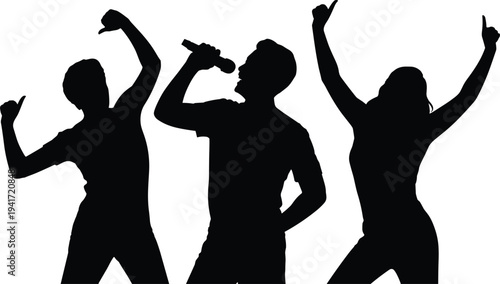 people dancing and singing with microphone silhouettes, party celebration concept, happy friends enjoying music isolated on white background illustration