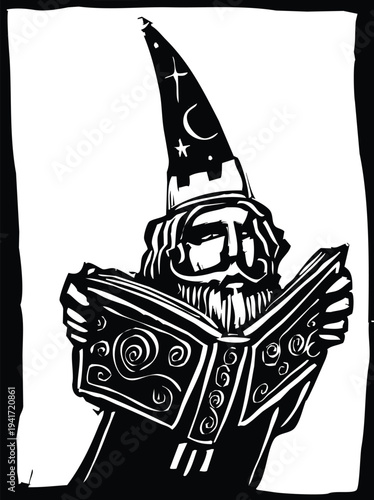 Woodcut style image of a wizard reading a spell book.