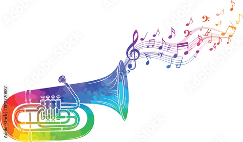 Colorful rainbow watercolor tuba illustration with musical notes and staff flowing from the bell isolated on white background for jazz concert design.