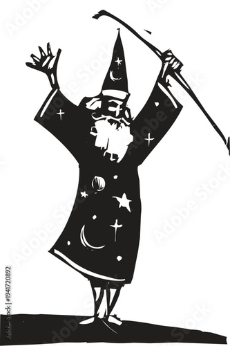 Woodcut style image of a fantasy wizard with a staff.