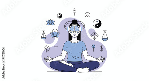 Meditation with virtual reality headset, mindfulness technology balance spirituality wellness brain activity concept, flat vector illustration