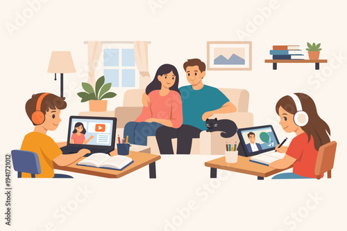 Happy Family at Home with Children Engaged in Online Education and Remote Learning. Boy and Girl Using Laptop and Tablet for School while Parents Relax on Sofa in Living Room Vector Illustration.
