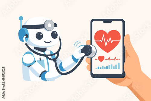 Robot Doctor Using Stethoscope to Monitor Heart Rate on Smartphone Screen Held by Human Hand, Concept of AI in Healthcare, Telemedicine, Digital Health, and Medical Technology Innovation Vector