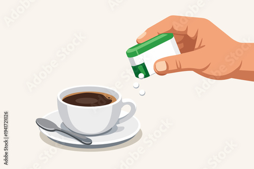 Vector illustration of a hand holding a green and white dispenser and adding artificial sweetener tablets into a cup of hot black coffee on a saucer with a spoon, healthy diet lifestyle concept.