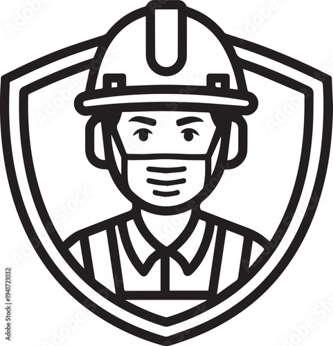 Vector illustration of worker with face mask and hard hat in shield