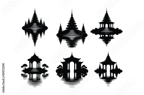Asian pagoda temple silhouette with reflection vector