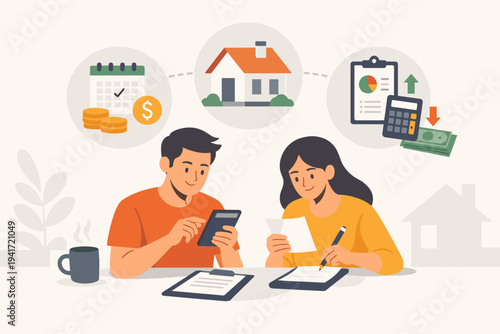 Young couple planning home purchase budget and mortgage payments. Flat vector illustration of man and woman calculating expenses, savings, and financial goals for buying real estate property.