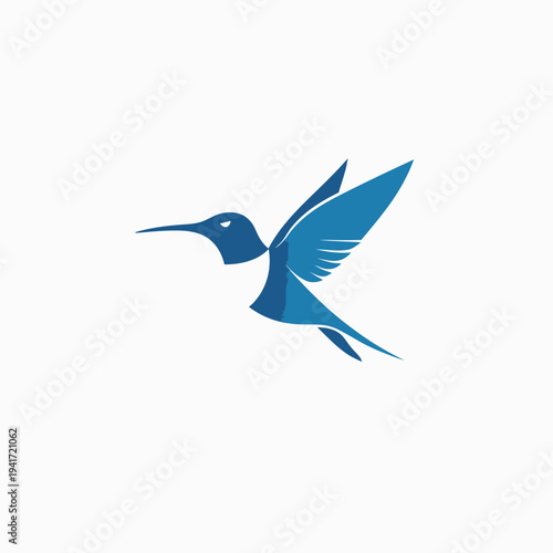 Stylized blue hummingbird flying with wings extended isolated on white