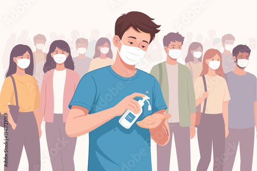 Flat vector illustration of a man applying hand sanitizer gel to his hands while wearing a protective face mask in a crowd of people also wearing masks for hygiene and virus safety measures.