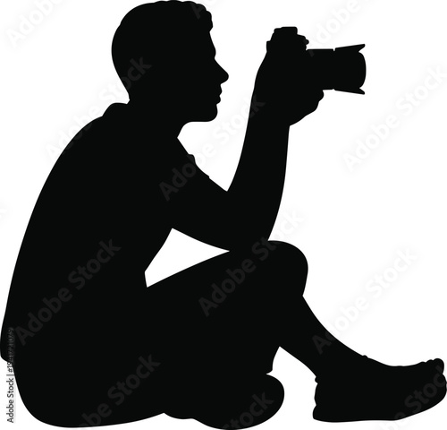 Photographer silhouette sitting with camera, man taking photo with professional camera illustration isolated on white background