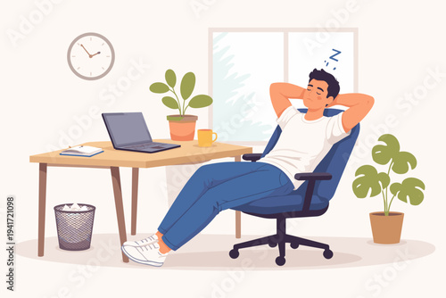 Flat Vector Illustration of a Young Man Taking a Short Nap in an Office Chair at His Desk with Laptop and Plants, Relaxing During Work Break, Tired Employee Sleeping in a Bright Home Office