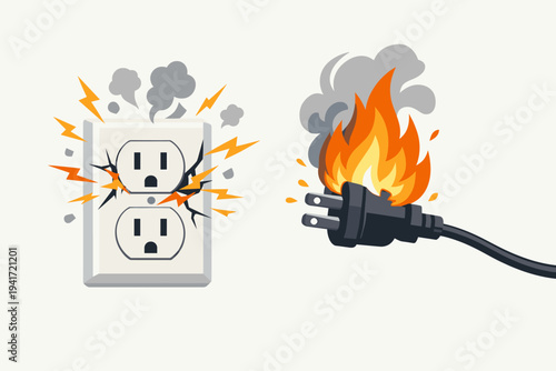 Faulty Electrical Outlet and Plug on Fire from Short Circuit Vector Illustration. Dangerous Electric Hazard with Sparks, Smoke, and Flames. Concept of Electrical Safety, Overload, and Fire Risk.