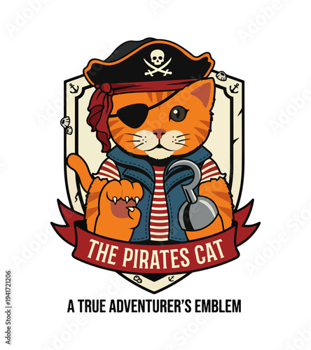 Cartoon pirate cat T-shirt design with eyepatch and hook hand giving thumbs up isolated  T-shirt Design