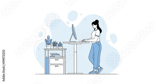 Standing desk workspace illustration person computer ergonomic office modern productivity technology concept, flat vector illustration