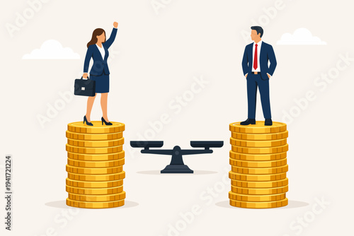 Businesswoman and Businessman Standing on Equal Stacks of Gold Coins with Balanced Scales, Concept of Gender Equality, Fair Pay, Wage Parity, Career Success, and Professional Financial Justice