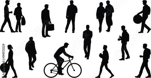 People silhouette collection walking standing cycling carrying bag, urban lifestyle characters set, human activity poses isolated illustration
