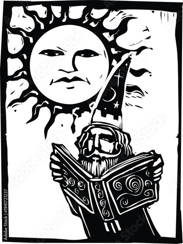 Wizard reading a spell book below the face of the sun