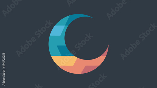 A colorful crescent moon logo on a dark background with vibrant geometric shapes