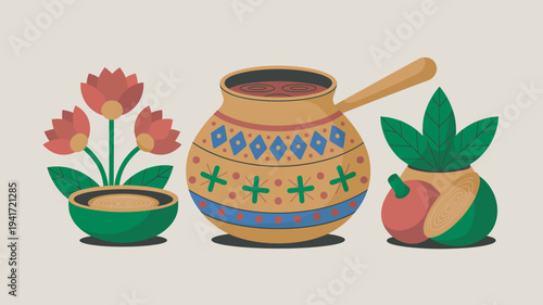 A colorful illustration of traditional Indian items including a pot, flowers, and fruit.