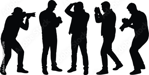 photographer silhouettes collection taking photos with camera, professional photography poses set, male photographers shooting pictures isolated on white background