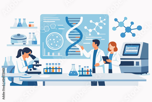 Medical Laboratory Illustration with Scientists Researching DNA Molecular Structure, Biotechnology Research Lab with Microscope, Test Tubes, and Genetic Engineering Data on Large Digital Screen
