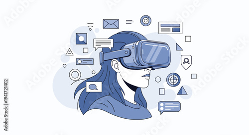 Virtual reality headset illustration person immersive communication digital interaction technology data visualization concept, flat vector illustration