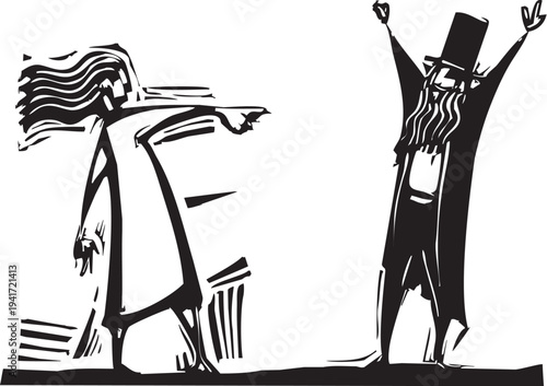 Woodcut style image of a woman accusing a rich man in a top hat 