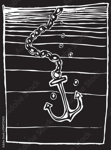 Woodcut style old ships anchor being lowered into the sea