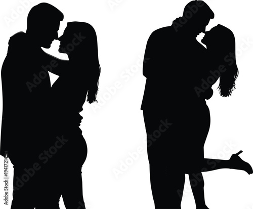 romantic couple silhouettes kissing and hugging, love relationship concept illustration isolated on white background for romance and dating