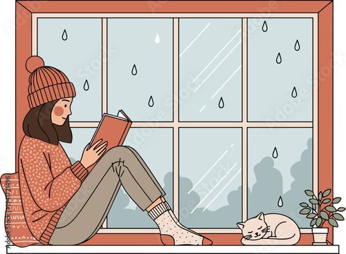 Cozy indoor reading illustration, rainy day relaxation window sill cat comfort calm lifestyle concept, flat vector illustration