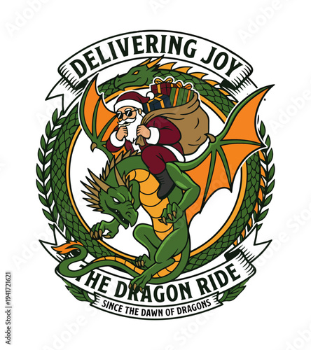 Santaclaus riding a green dragon T-shirt design with gifts on transparent background delivering joy since the dawn of dragons T-shirt Design