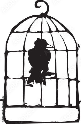 Woodcut style black bird in a cage