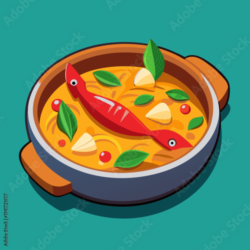 A vibrant Goan fish curry in a rustic bowl