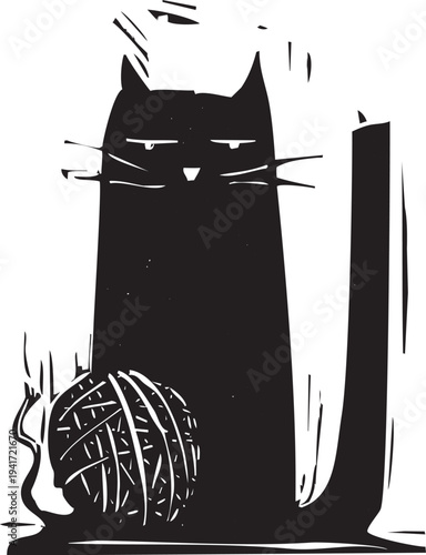 Woodcut style image of a black cat with a ball of yarn