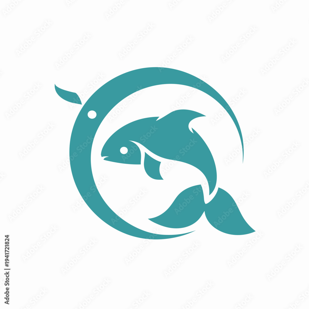Fototapeta premium Abstract teal fish logo design with decorative elements on white background